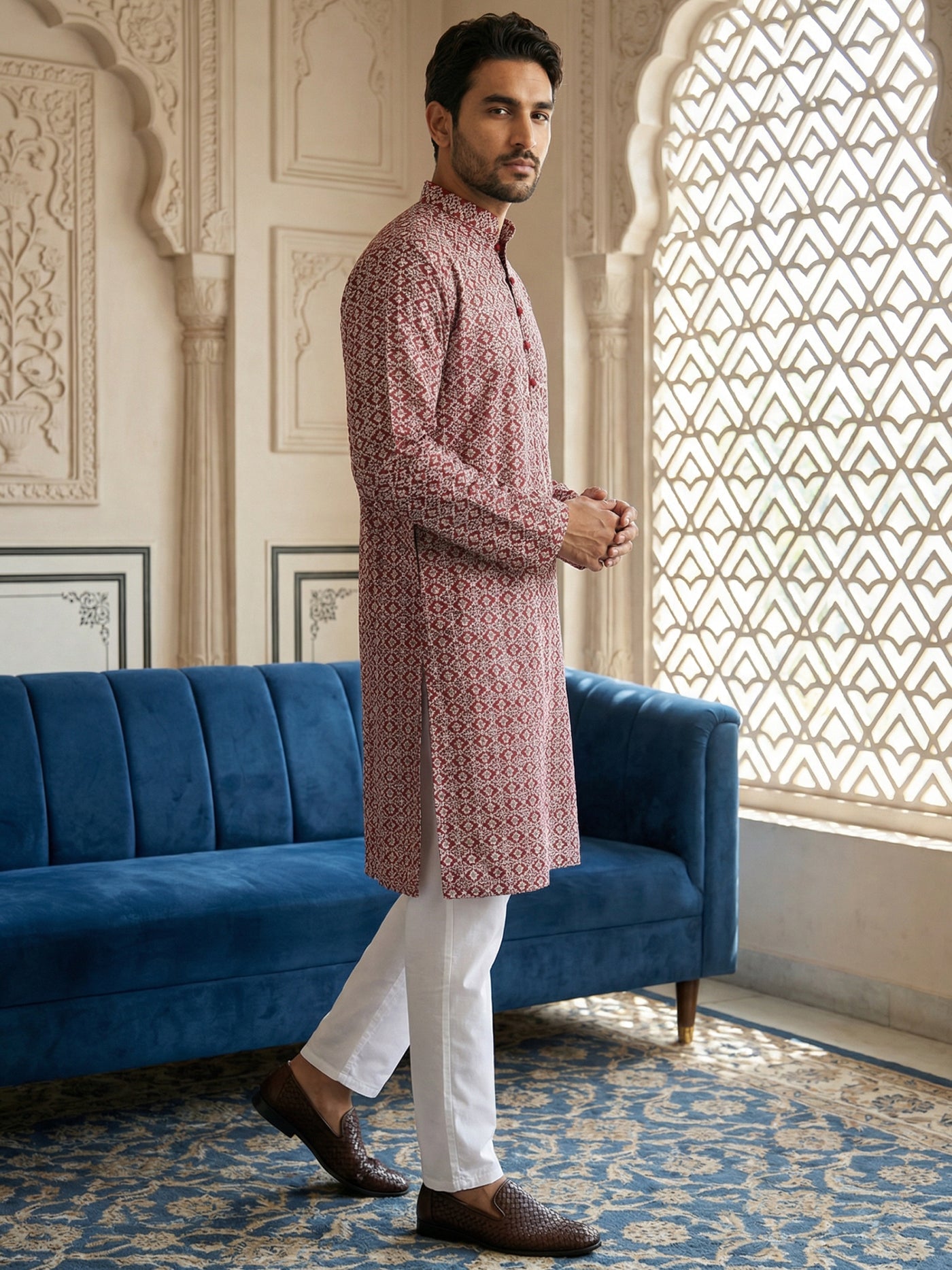 Floral Embroidered Kurta With Churidar ( JOKP P 626Maroon ) [FF] [G-1-5]
