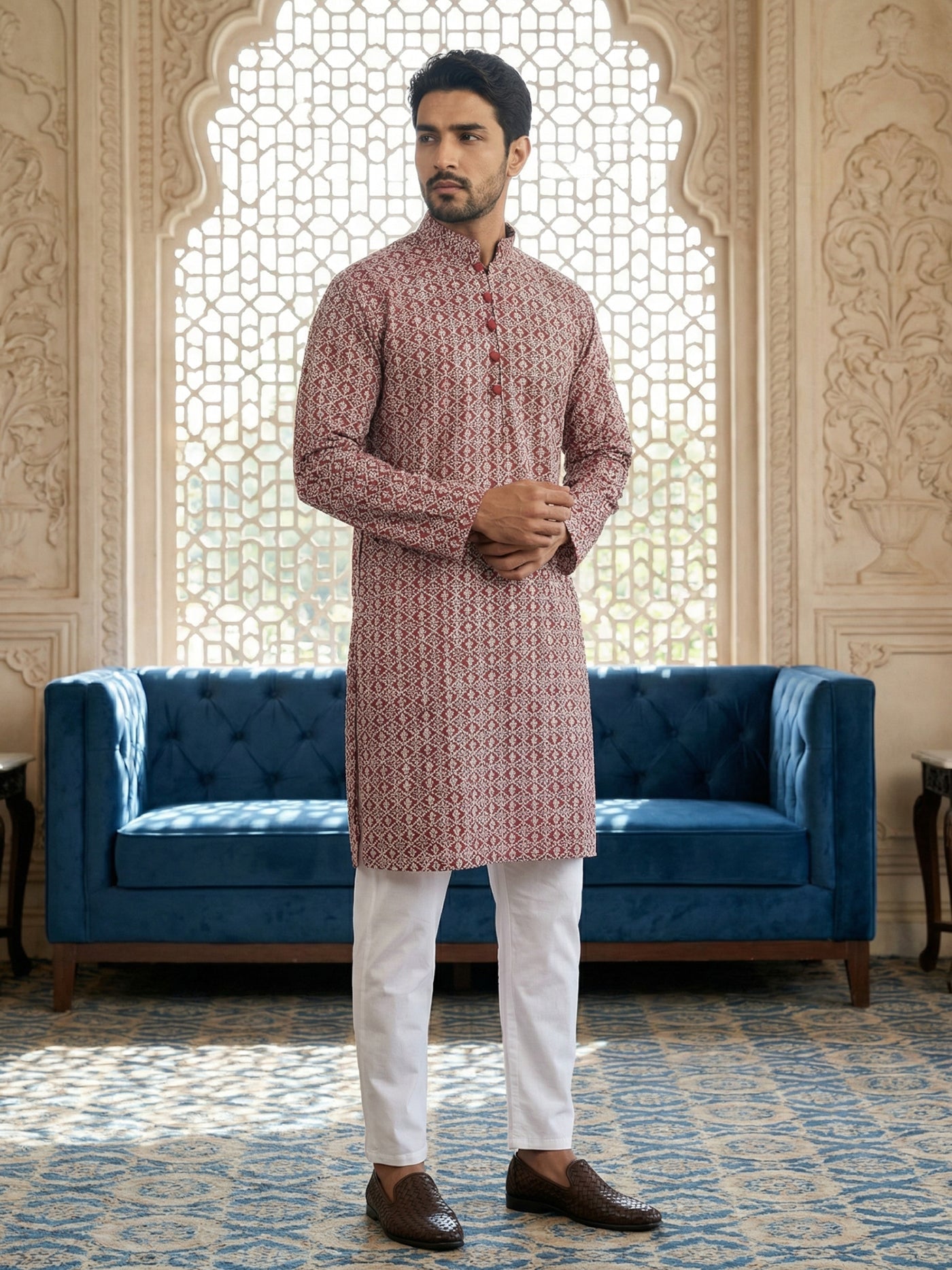 Floral Embroidered Kurta With Churidar ( JOKP P 626Maroon ) [FF] [G-1-5]