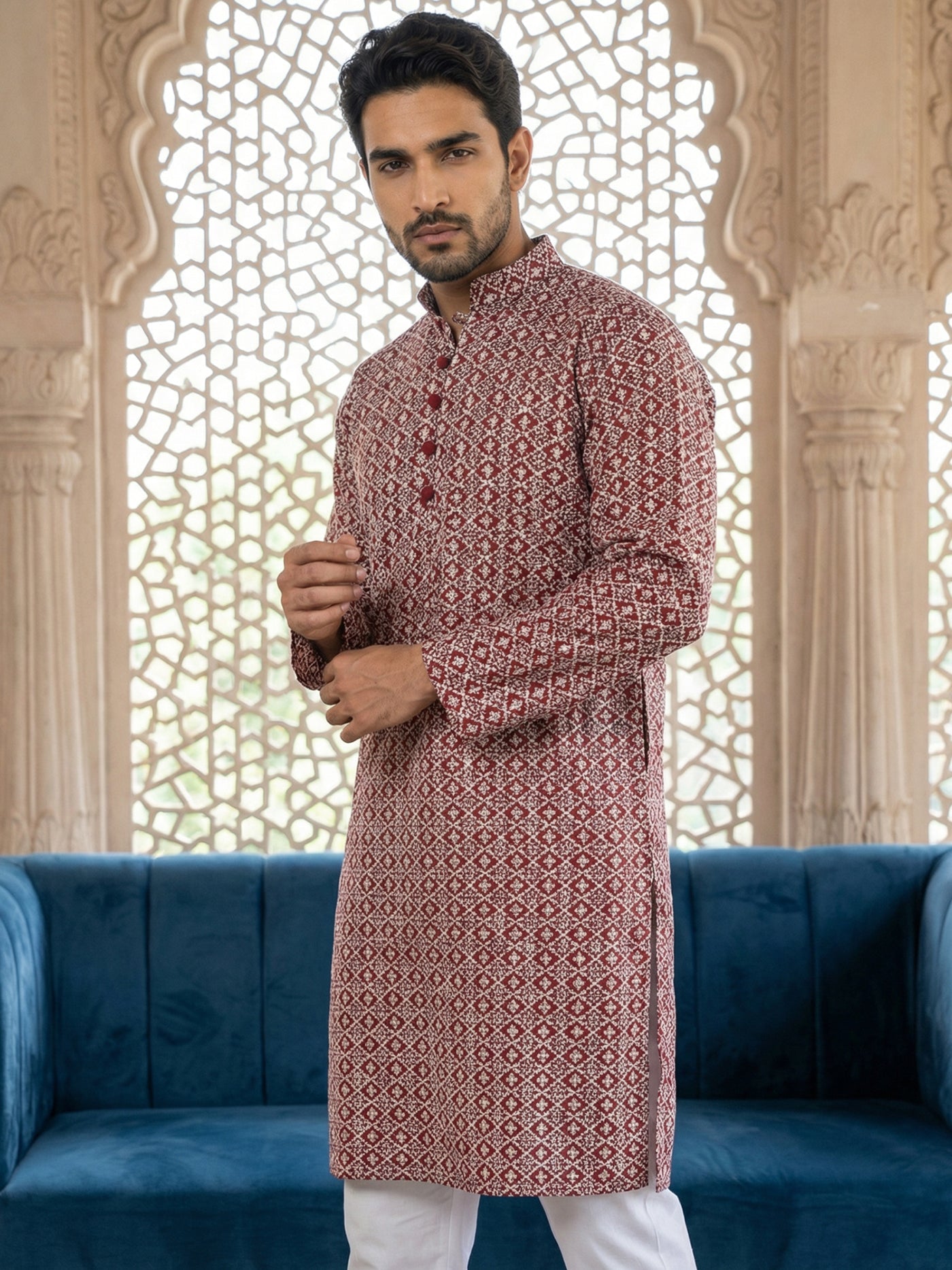 Floral Embroidered Kurta With Churidar ( JOKP P 626Maroon ) [FF] [G-1-5]