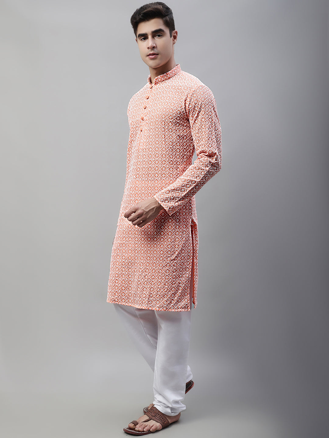 Jompers Men's Orange Embroidered Kurta Payjama Sets ( JOKP 626Orange )