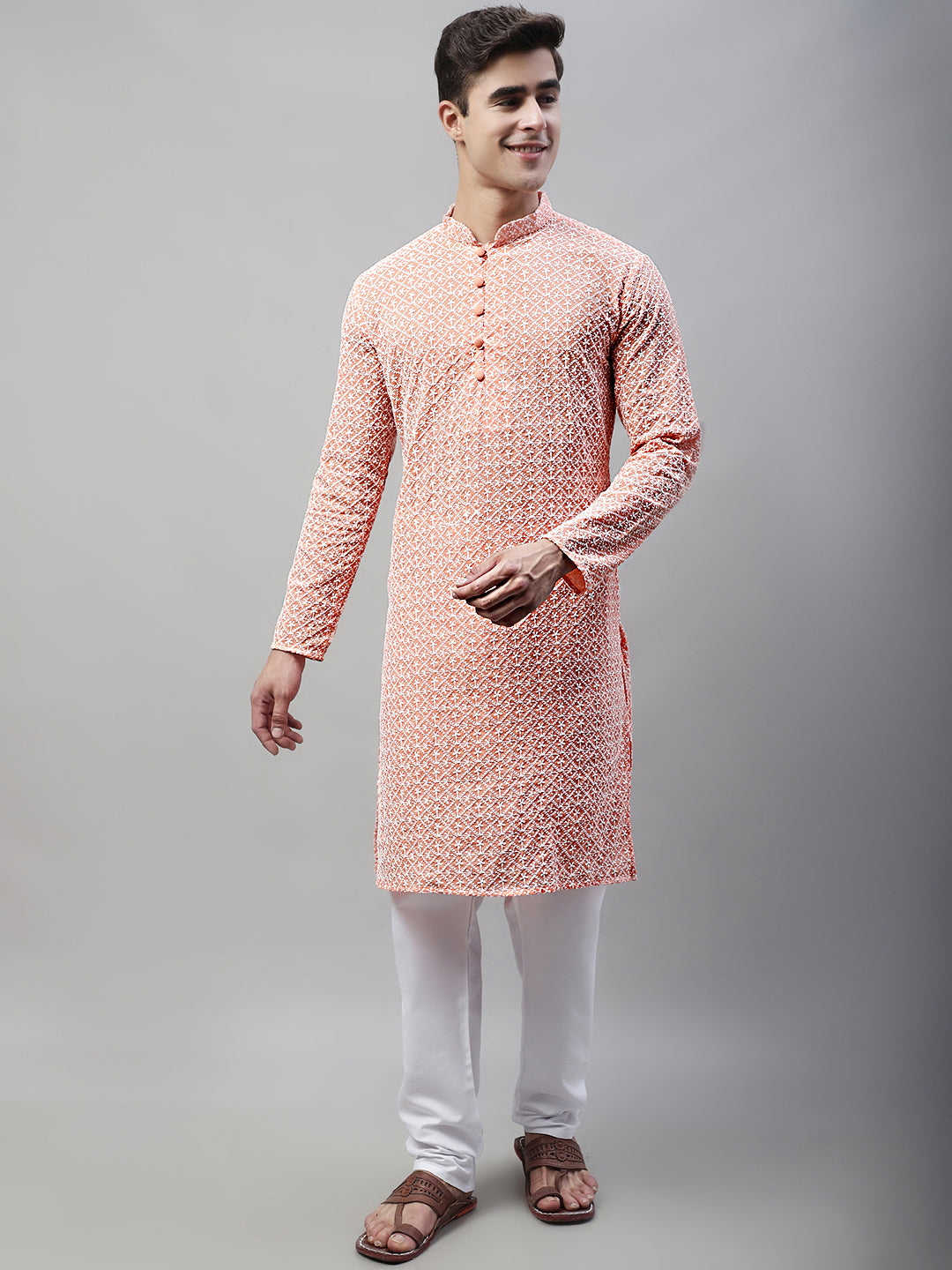 Jompers Men's Orange Embroidered Kurta Payjama Sets ( JOKP 626Orange )