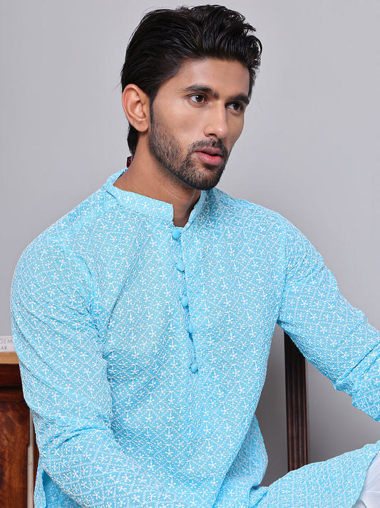 Floral Embroidered Kurta With Churidar ( NJOKP 626Sky )
