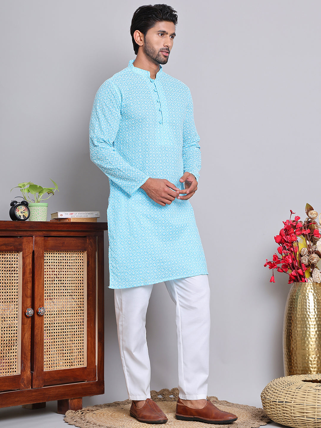 Floral Embroidered Kurta With Churidar ( NJOKP 626Sky )
