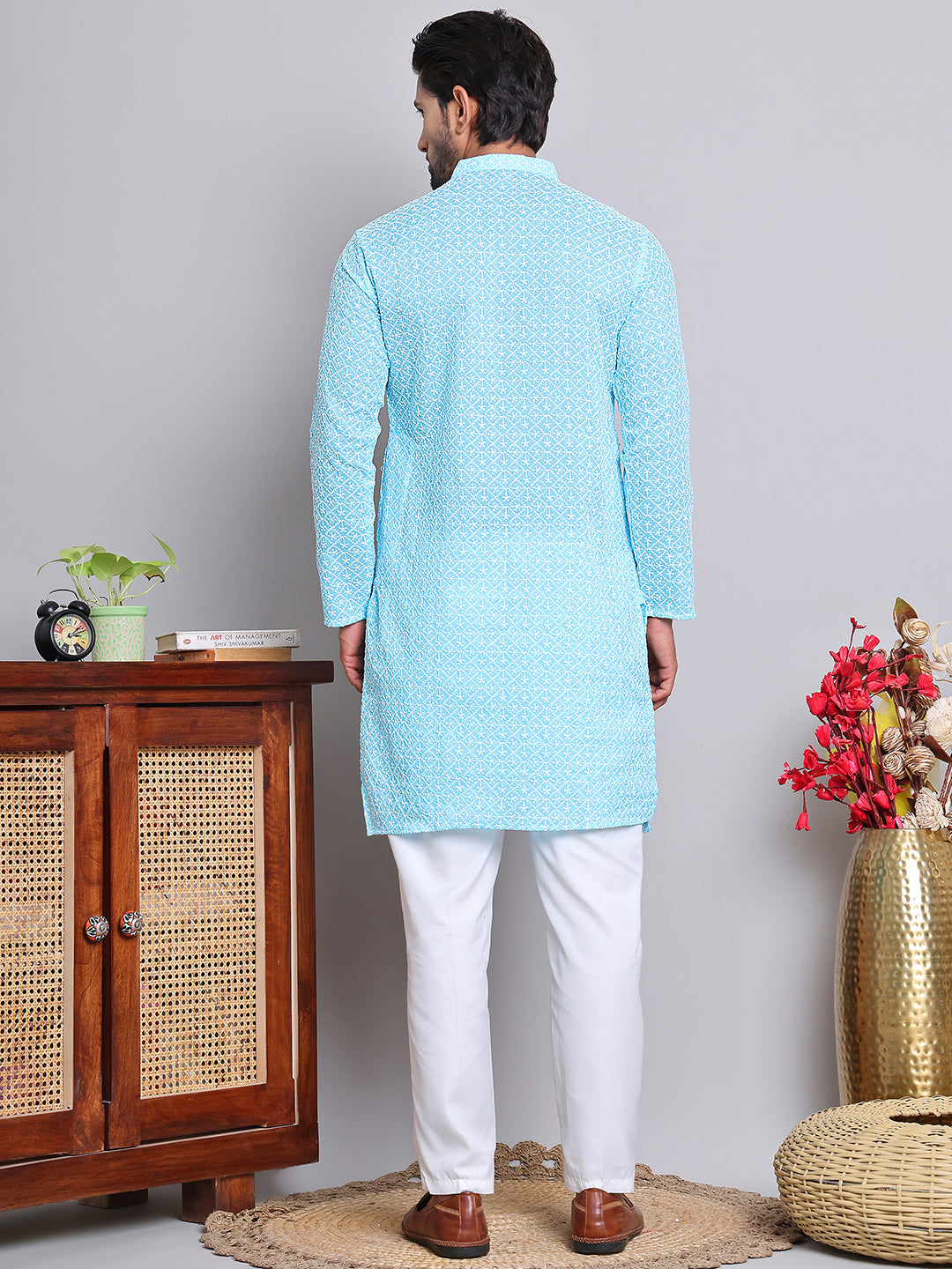 Floral Embroidered Kurta With Churidar ( NJOKP 626Sky )