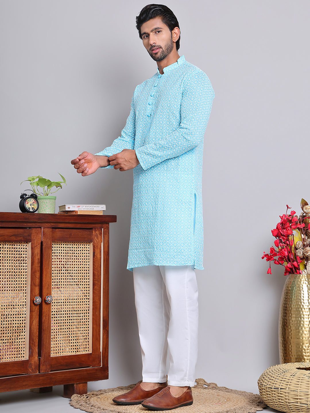 Floral Embroidered Kurta With Churidar ( NJOKP 626Sky )