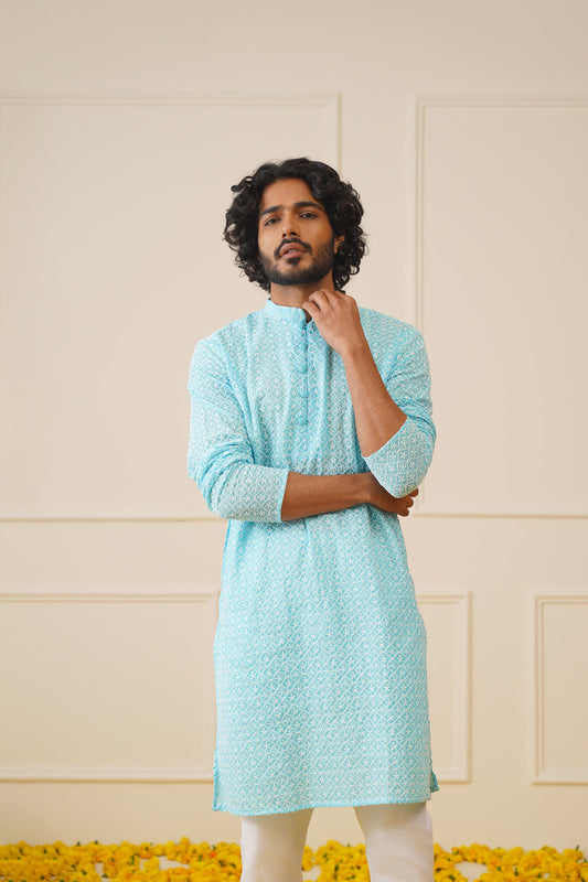 Jompers Men's Sky Embroidered Kurta Only ( KO 626Sky )