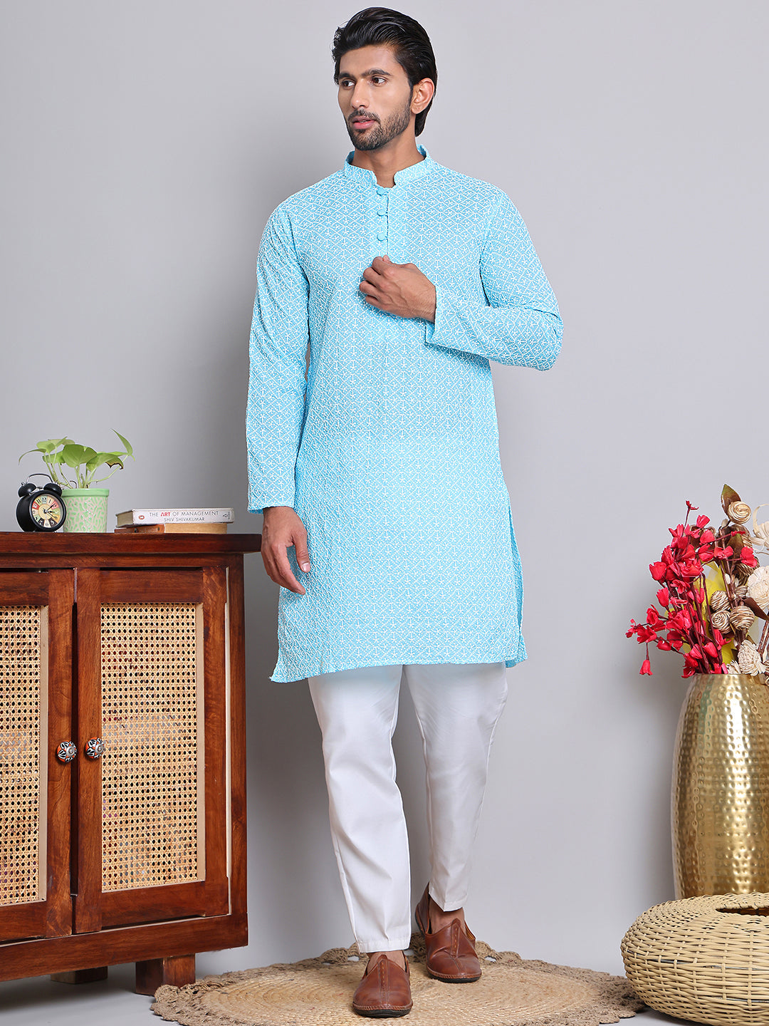 Floral Embroidered Kurta With Churidar ( NJOKP 626Sky )