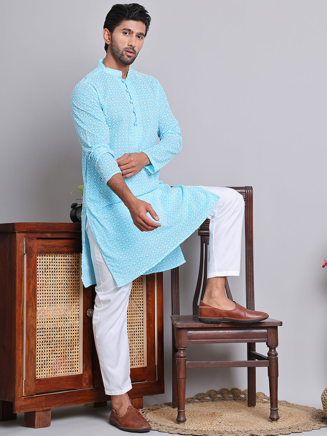 Floral Embroidered Kurta With Churidar ( NJOKP 626Sky )