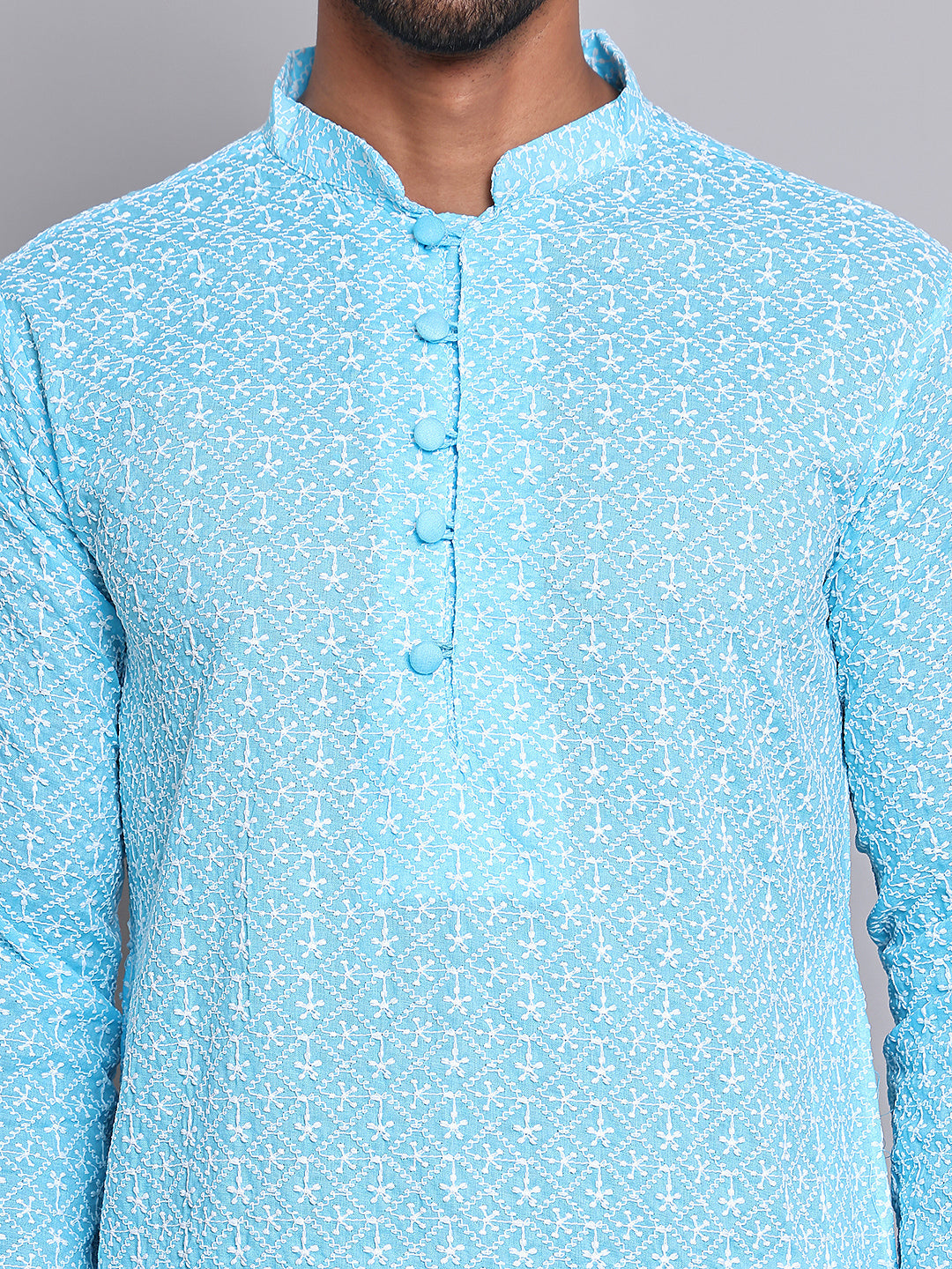 Floral Embroidered Kurta With Churidar ( NJOKP 626Sky )