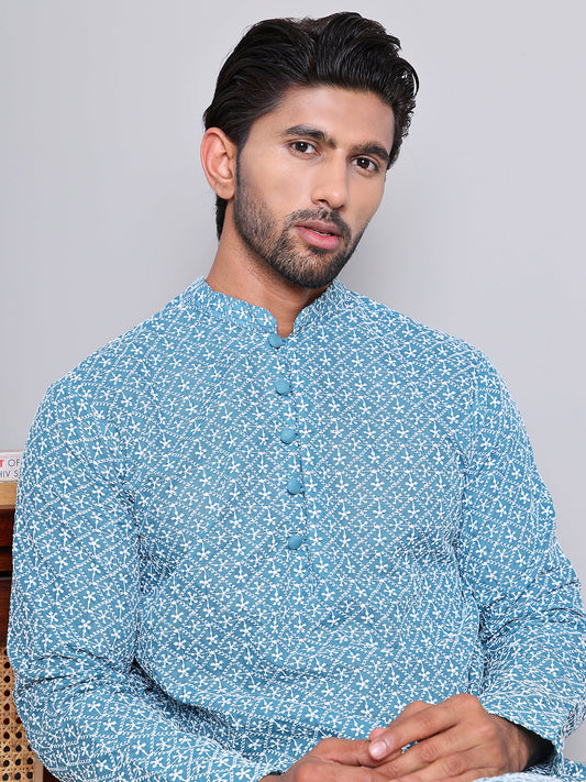 Floral Embroidered Kurta With Churidar ( NJOKP 626Teal )