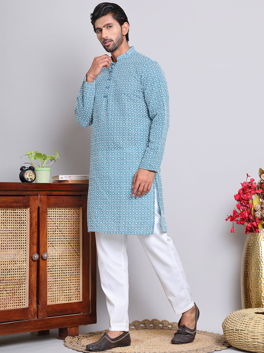 Floral Embroidered Kurta With Churidar ( NJOKP 626Teal )