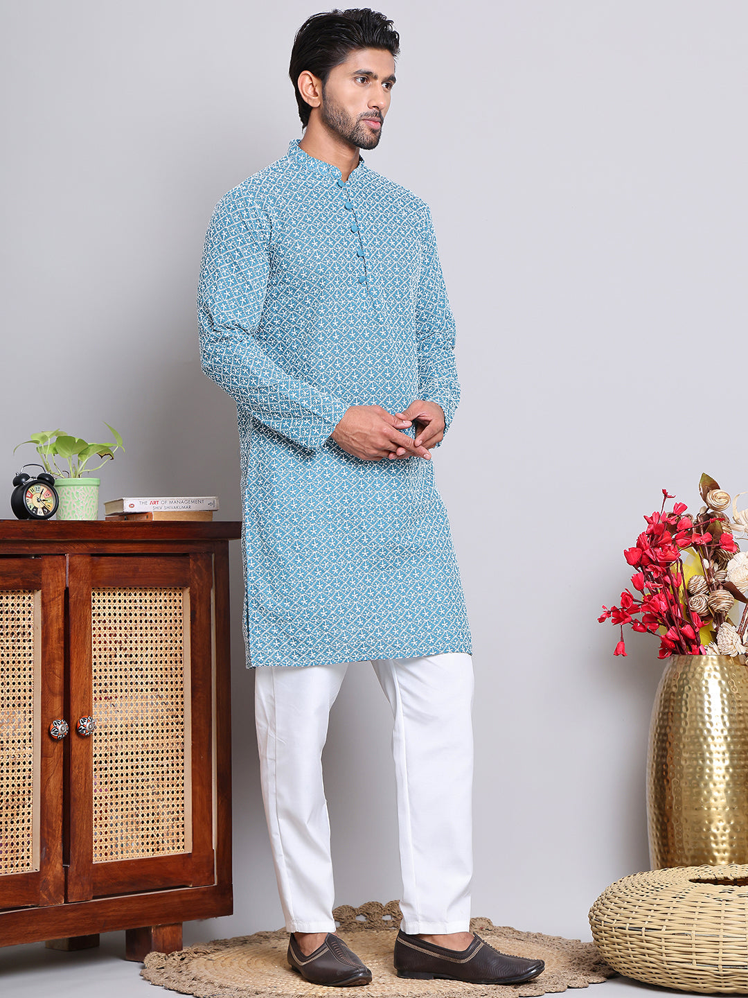 Floral Embroidered Kurta With Churidar ( NJOKP 626Teal )