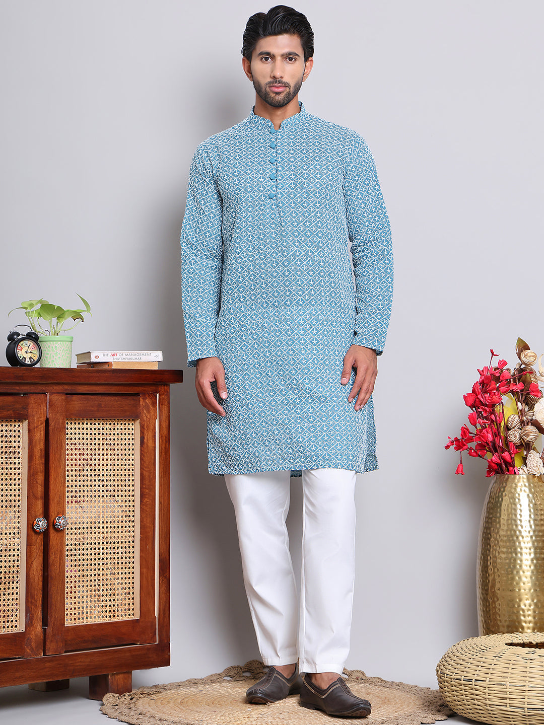 Floral Embroidered Kurta With Churidar ( NJOKP 626Teal )