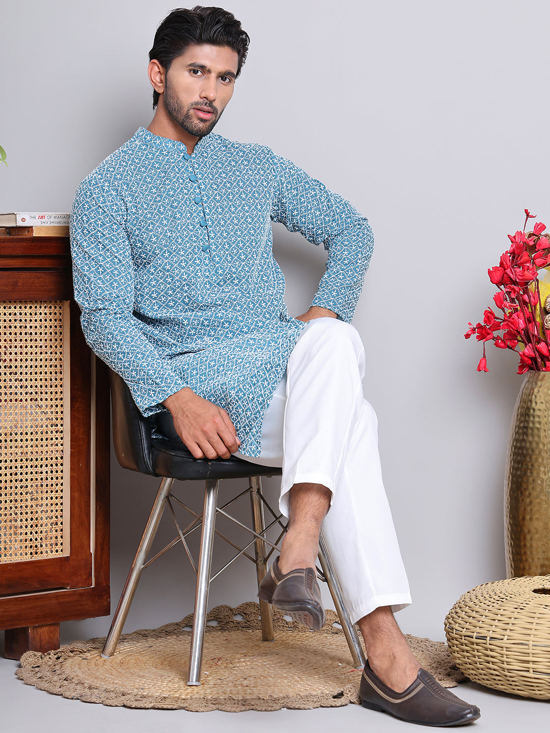 Floral Embroidered Kurta With Churidar ( NJOKP 626Teal )