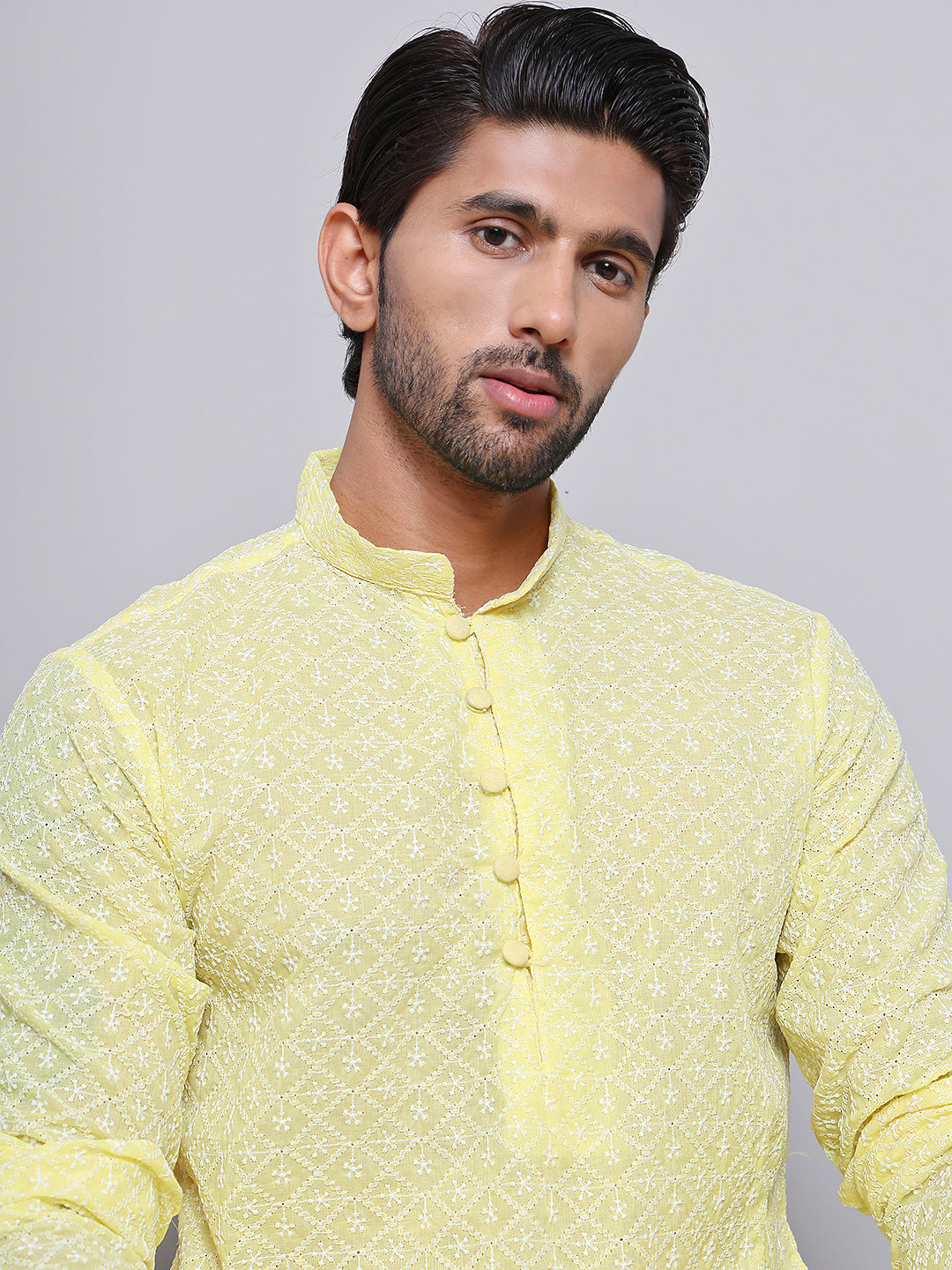 Floral Embroidered Kurta With Churidar ( NJOKP 626Yellow )