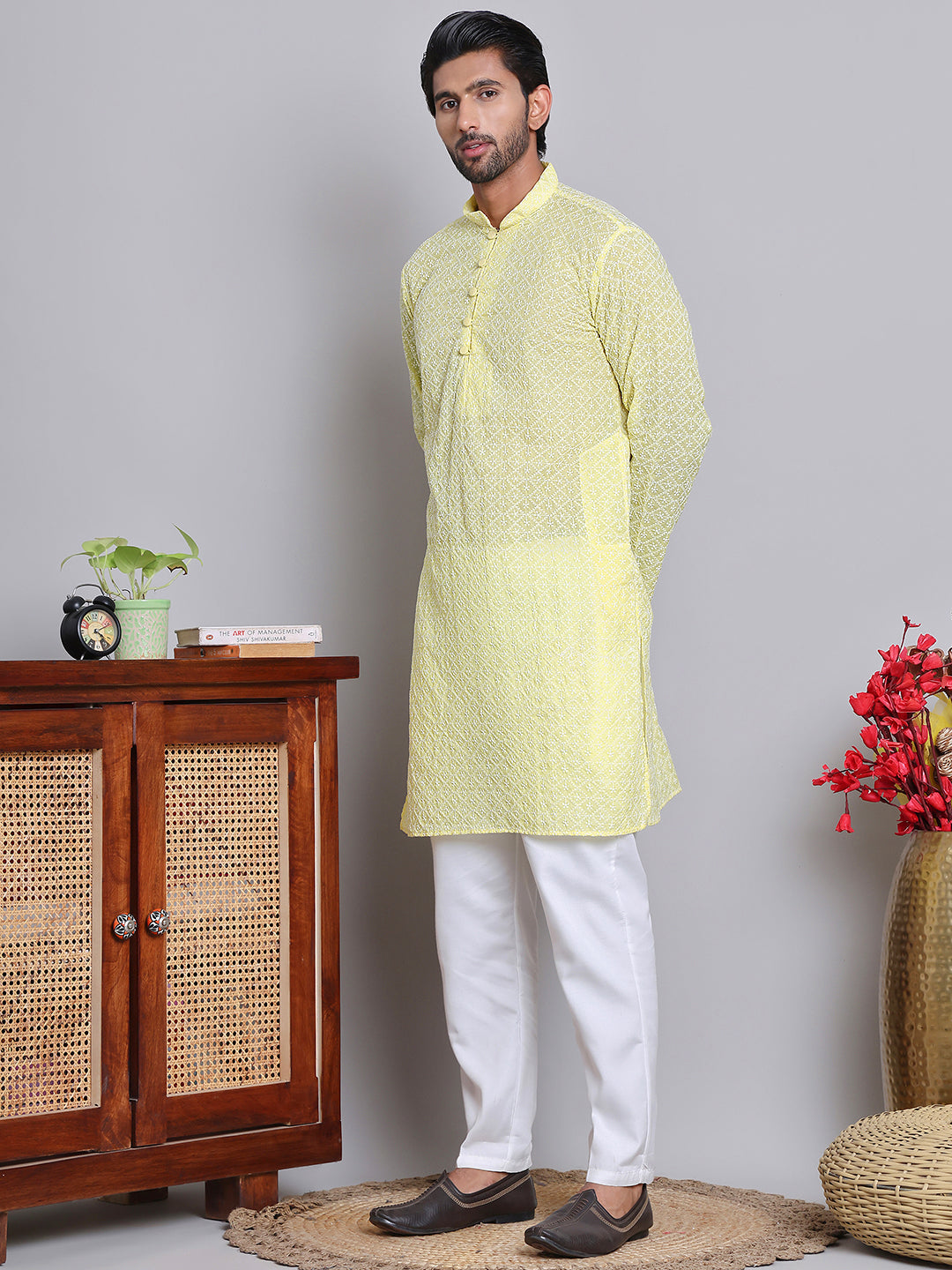 Floral Embroidered Kurta With Churidar ( NJOKP 626Yellow )
