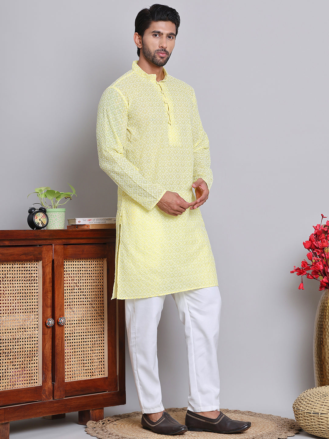 Floral Embroidered Kurta With Churidar ( NJOKP 626Yellow )