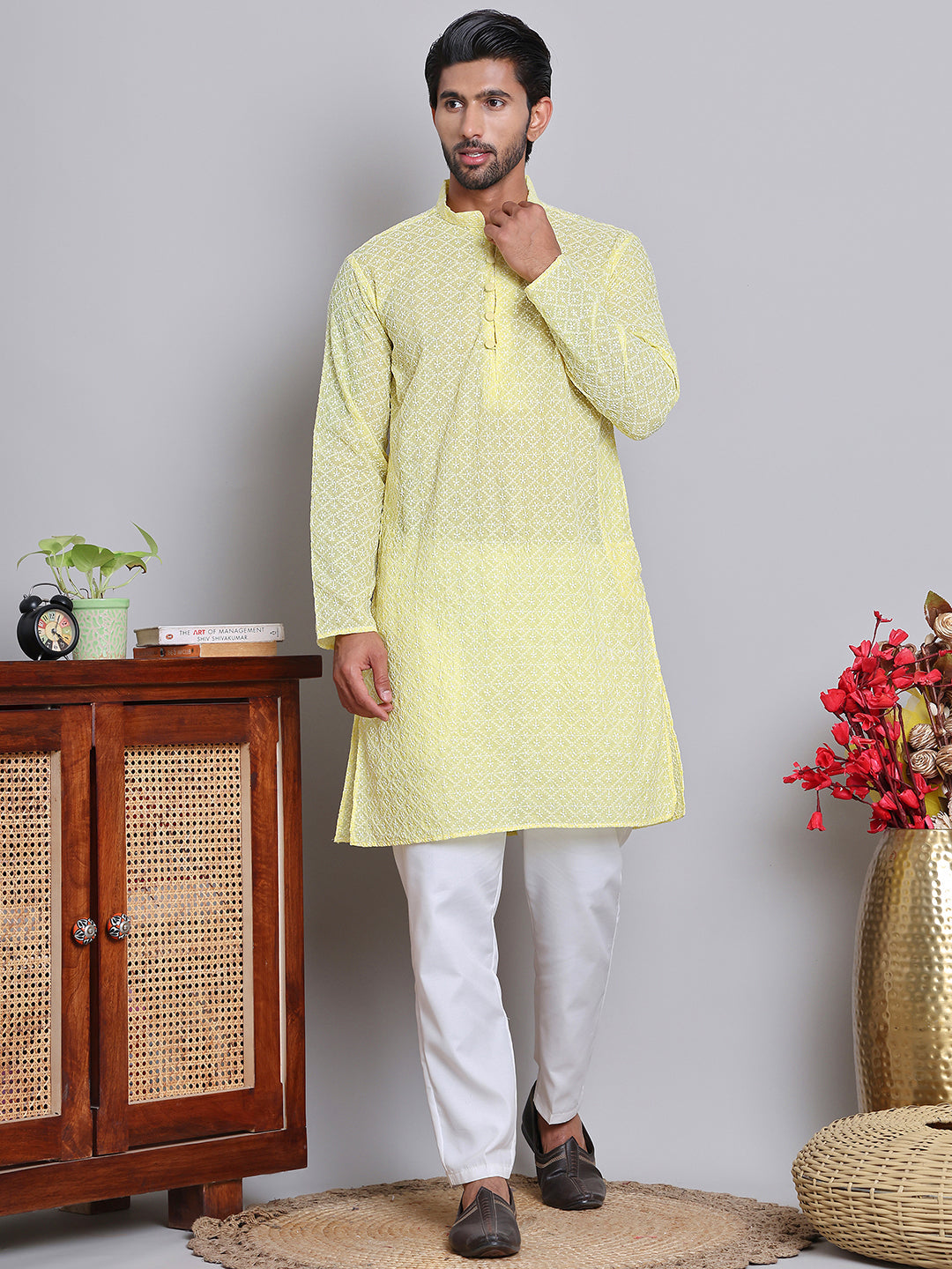 Floral Embroidered Kurta With Churidar ( NJOKP 626Yellow )