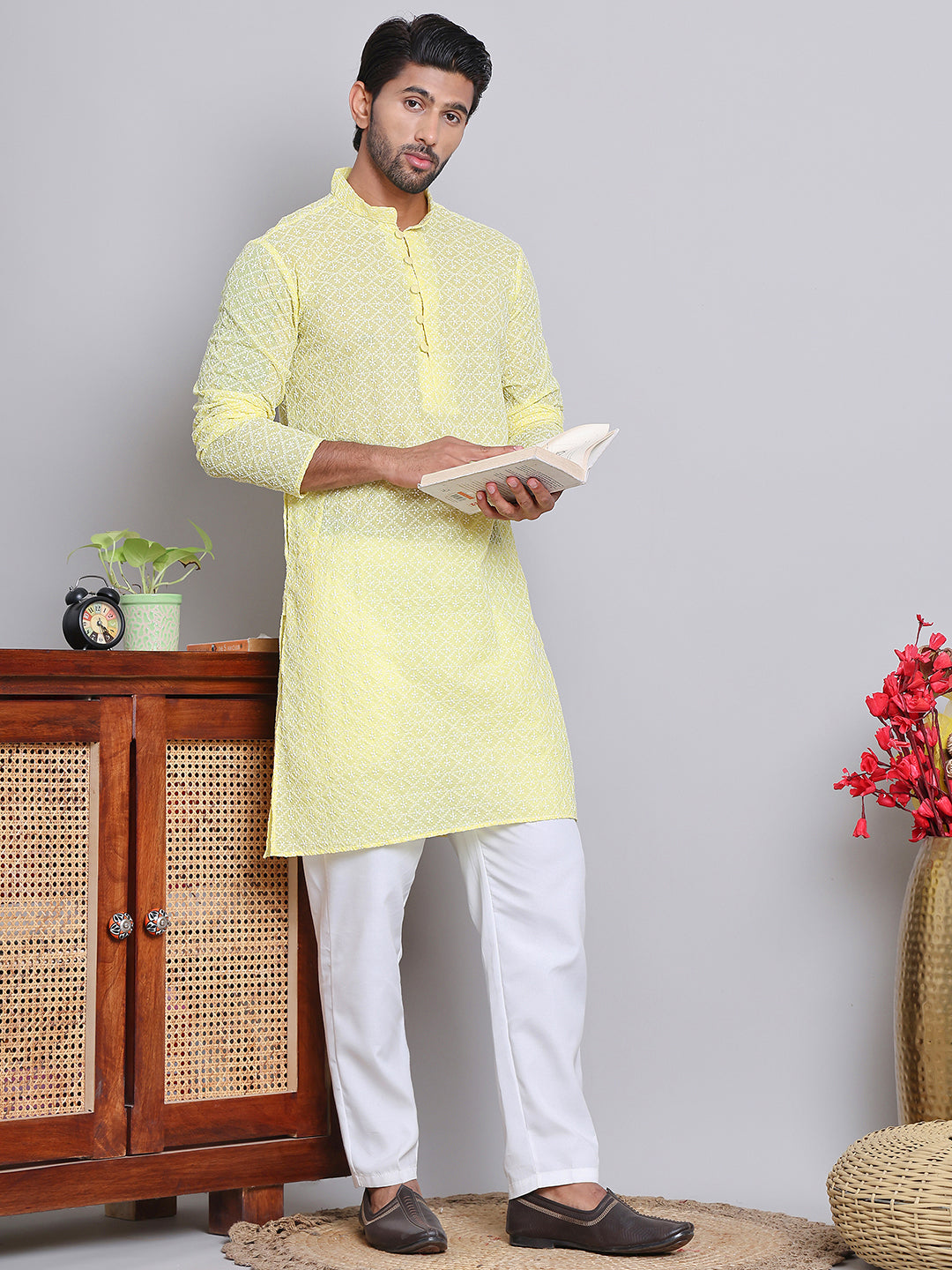 Floral Embroidered Kurta With Churidar ( NJOKP 626Yellow )