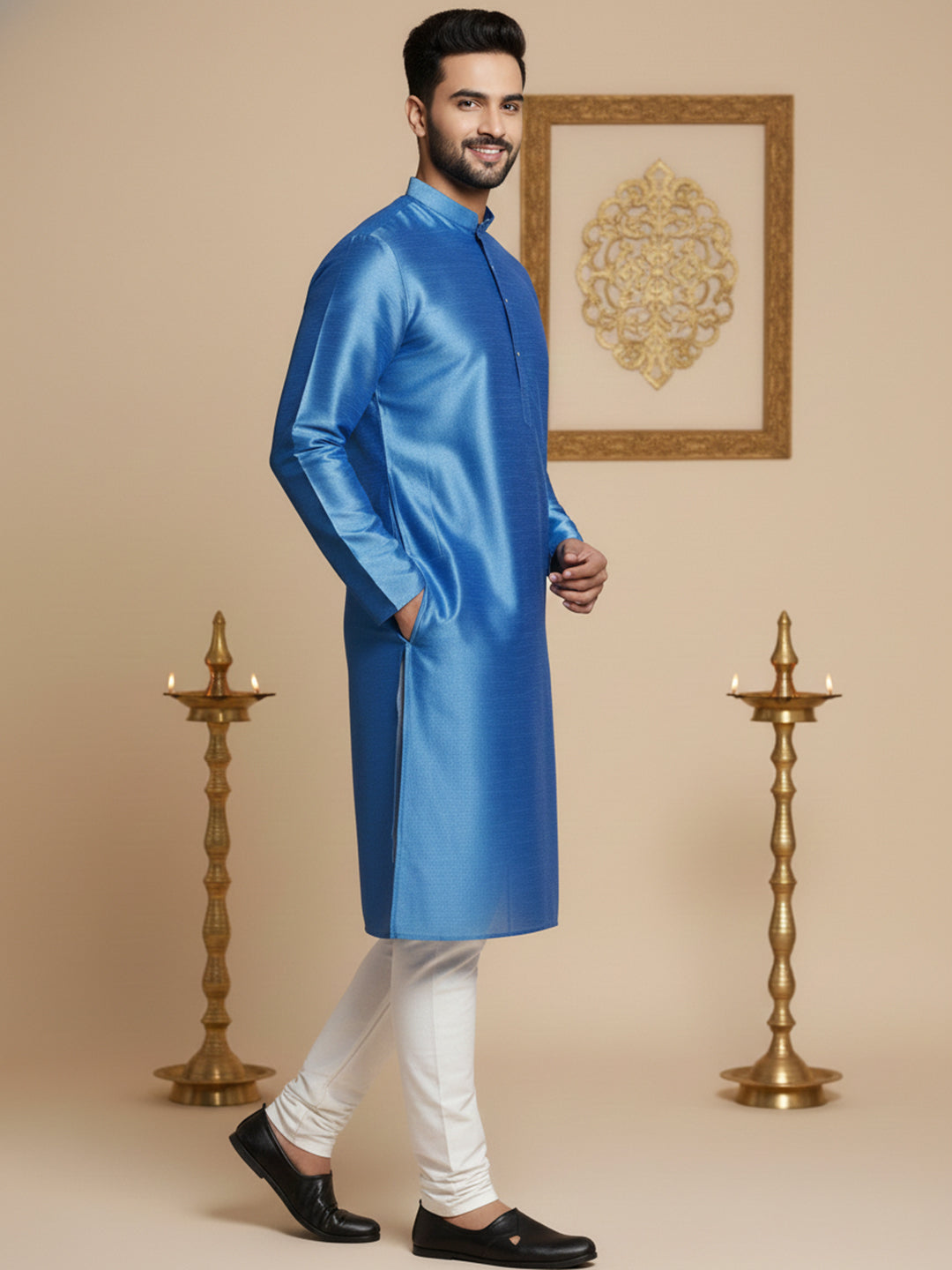 Men Blue Dupion Silk Kurta with Churidar (JOKP 636 Blue )