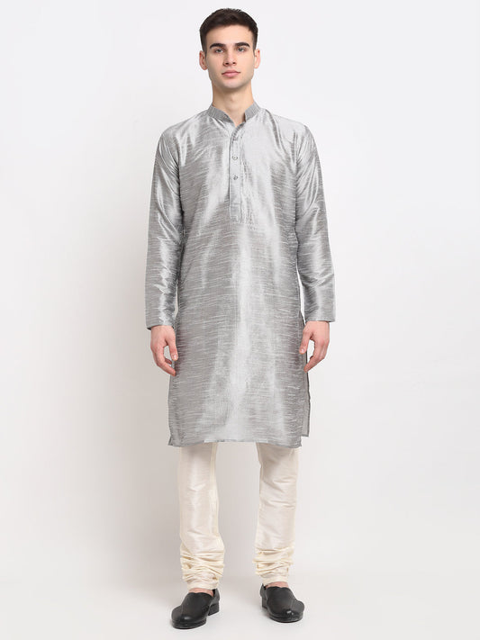 Jompers Men's Silver Solid Dupion Silk Kurta Payjama Set ( JOKP 636Silver )