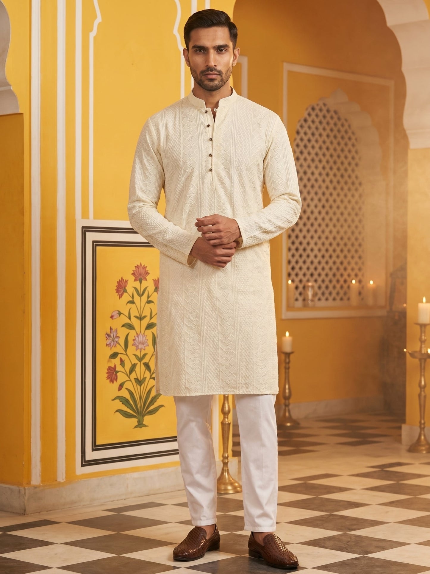 Embroidered Cotton Kurta with Churidar ( JOKP P 640Cream )