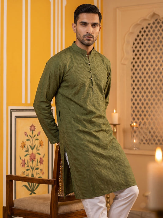 Embroidered Cotton Kurta with Churidar ( JOKP P 640Olive )