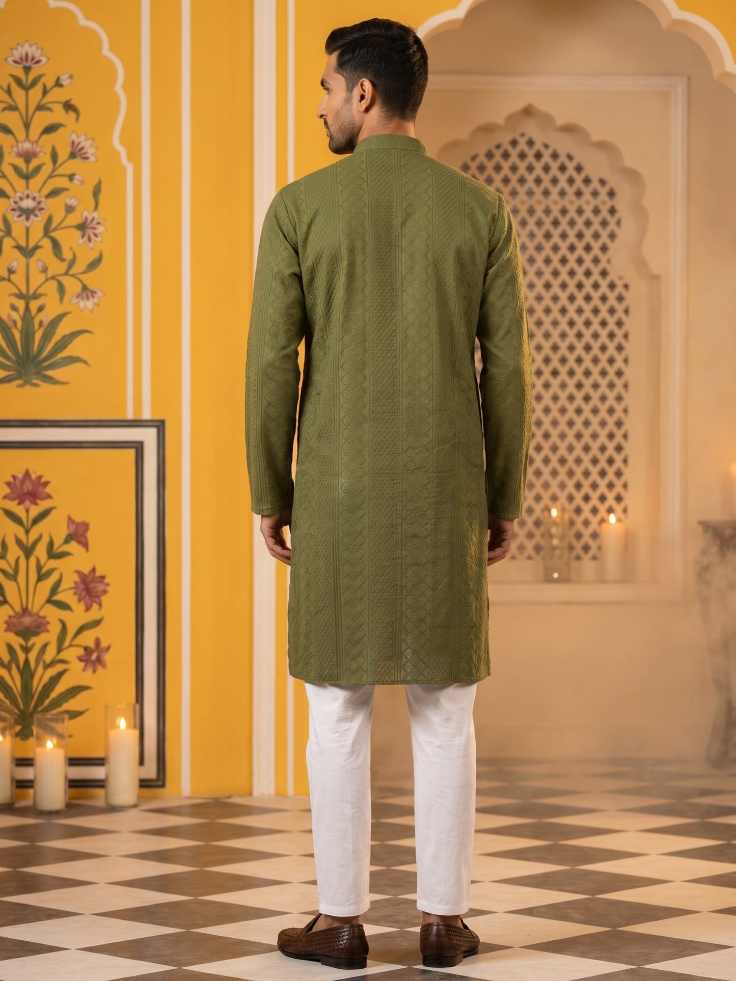 Embroidered Cotton Kurta with Churidar ( JOKP P 640Olive )