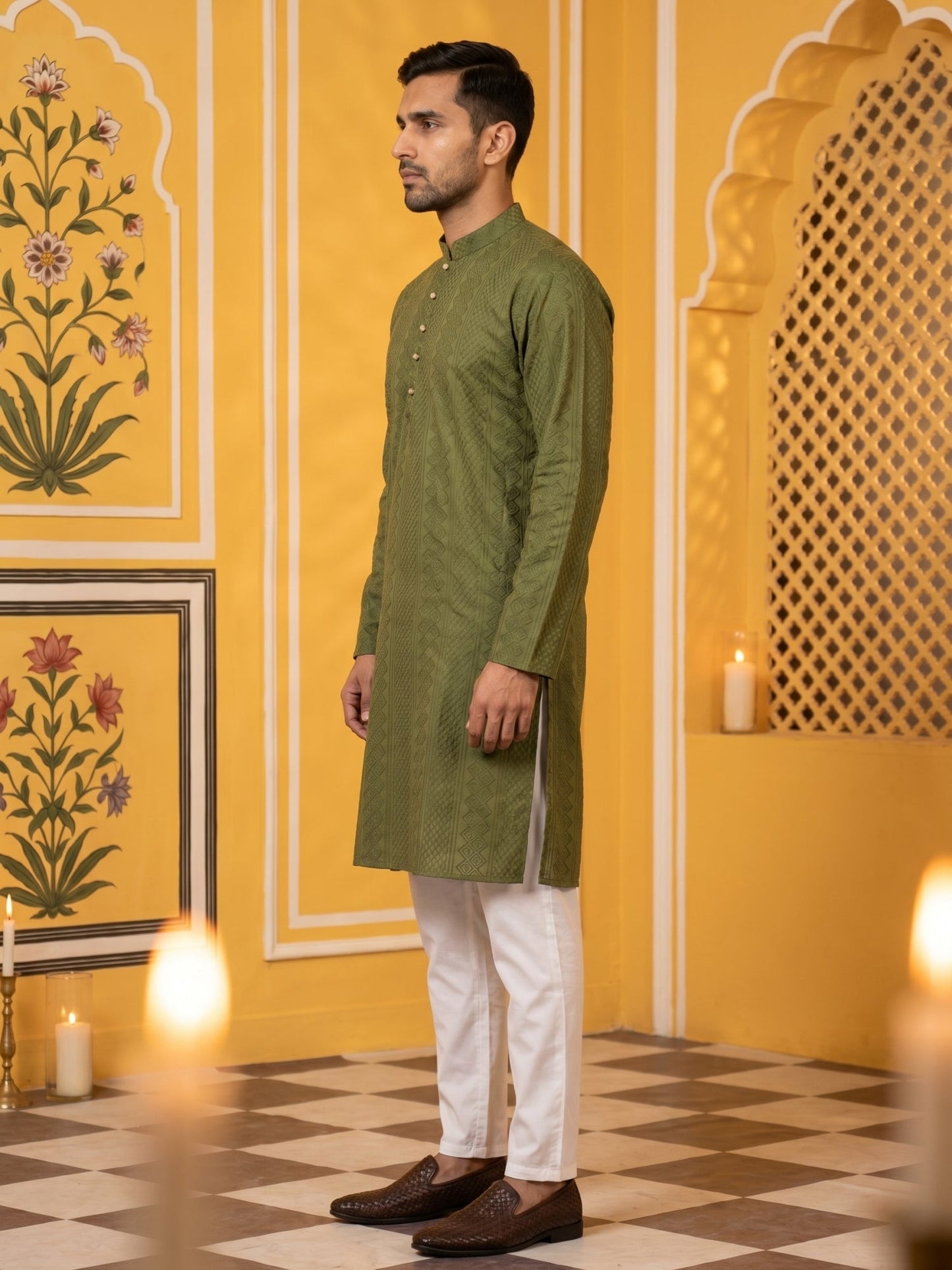 Embroidered Cotton Kurta with Churidar ( JOKP P 640Olive )