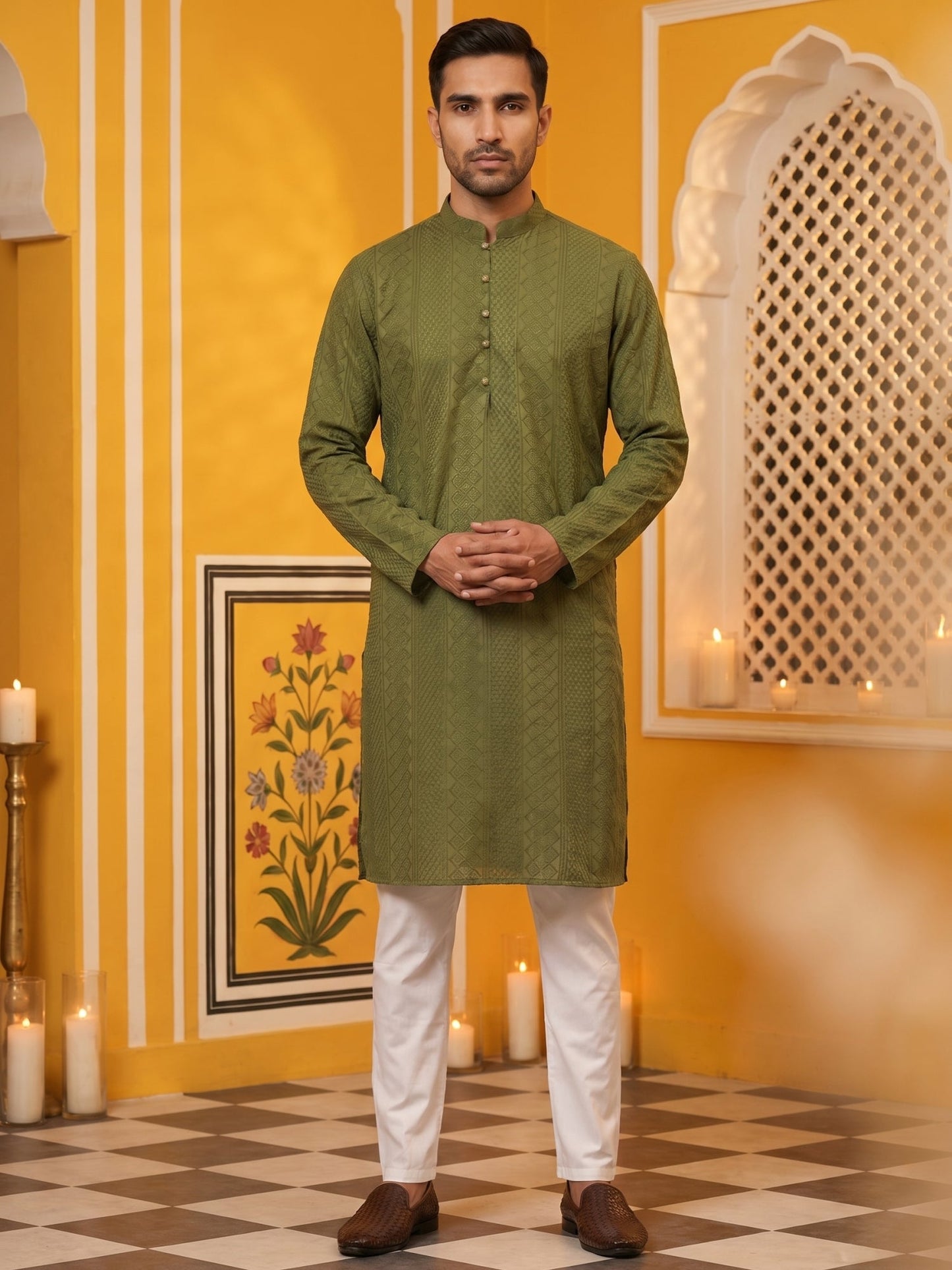 Embroidered Cotton Kurta with Churidar ( JOKP P 640Olive )