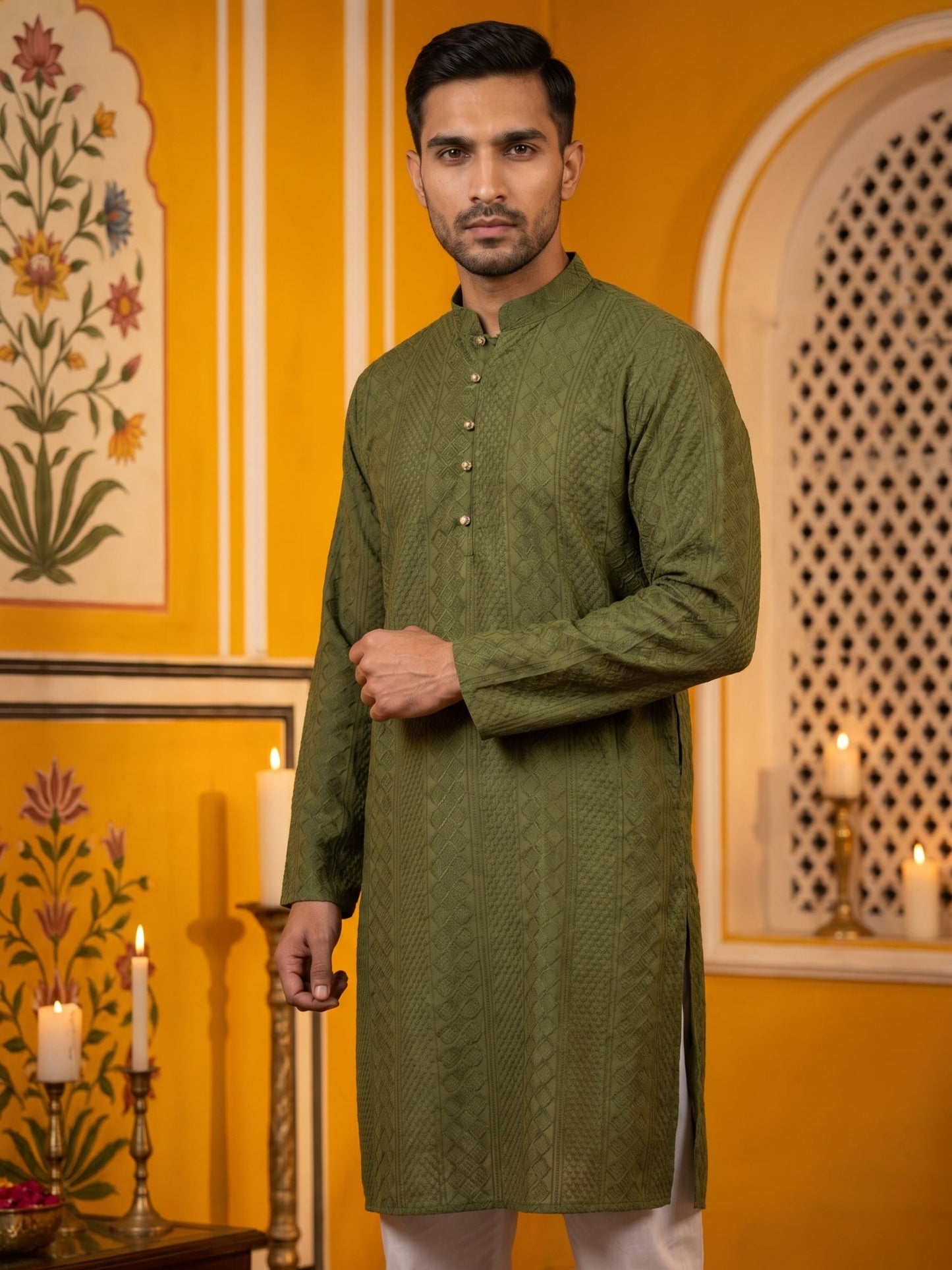 Embroidered Cotton Kurta with Churidar ( JOKP P 640Olive )