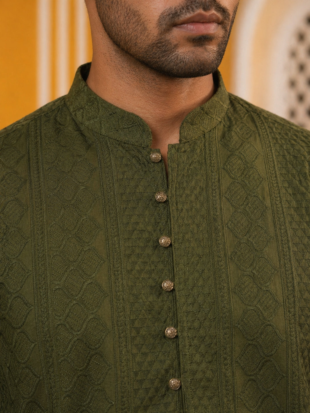 Embroidered Cotton Kurta with Churidar ( JOKP P 640Olive )