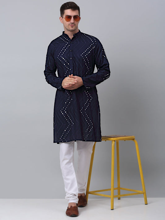 Jompers Men's Navy Embroidered Mirror Work Kurta Pyjama ( JOKP 646Navy )