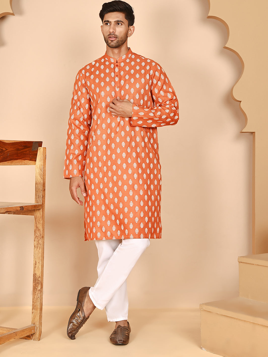 Floral Printed Kurta with Churidar for Men (JOKP P 650 Orange ) [FF] [Q-1-6]