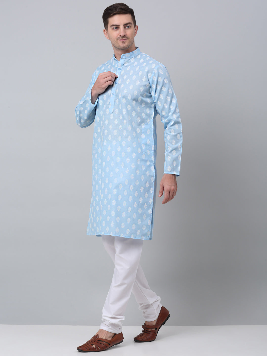 Jompers Men's Sky Cotton Floral printed kurta Pyjama Set ( JOKP 650Sky )