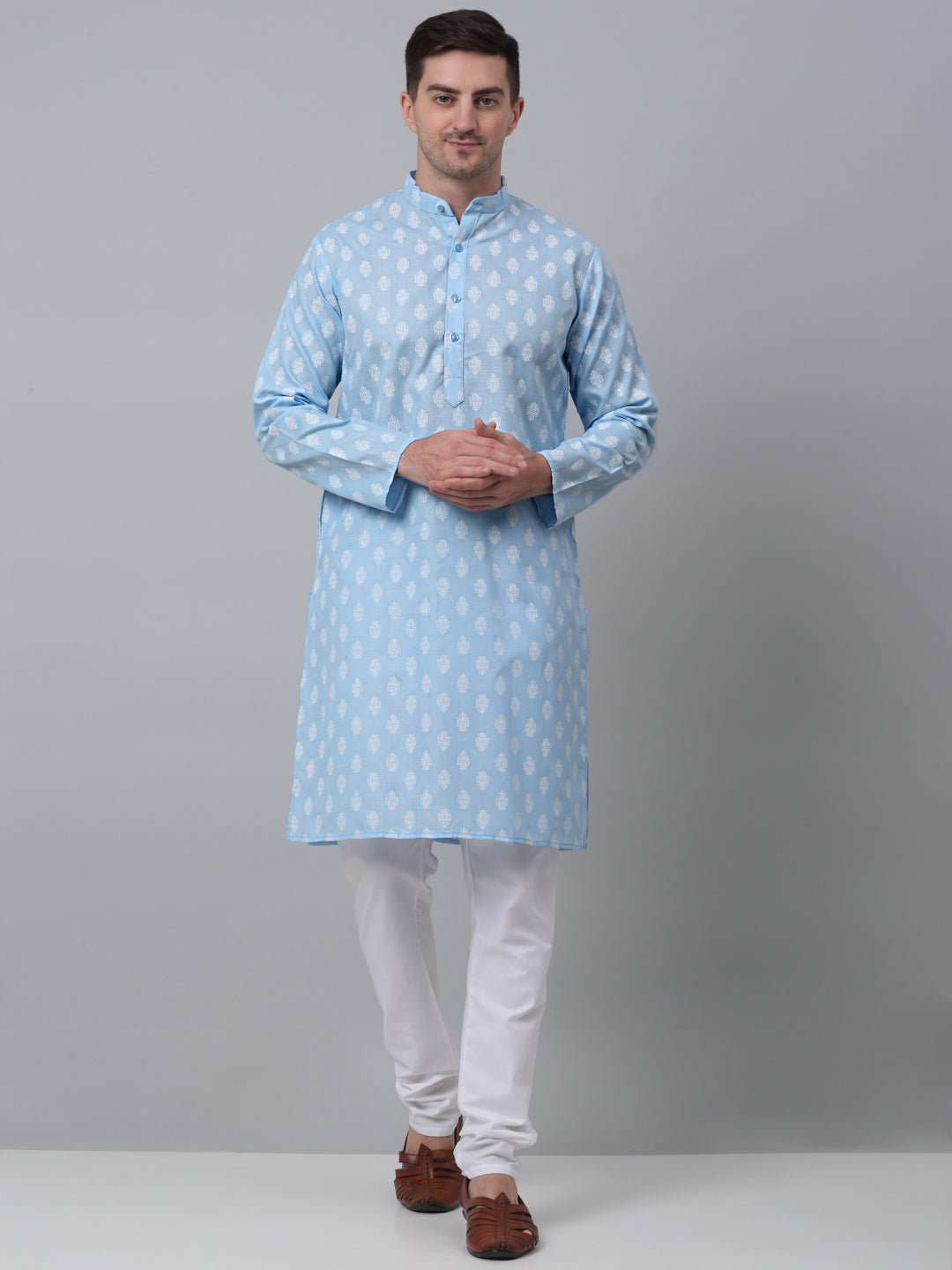 Jompers Men's Sky Cotton Floral printed kurta Pyjama Set ( JOKP 650Sky )