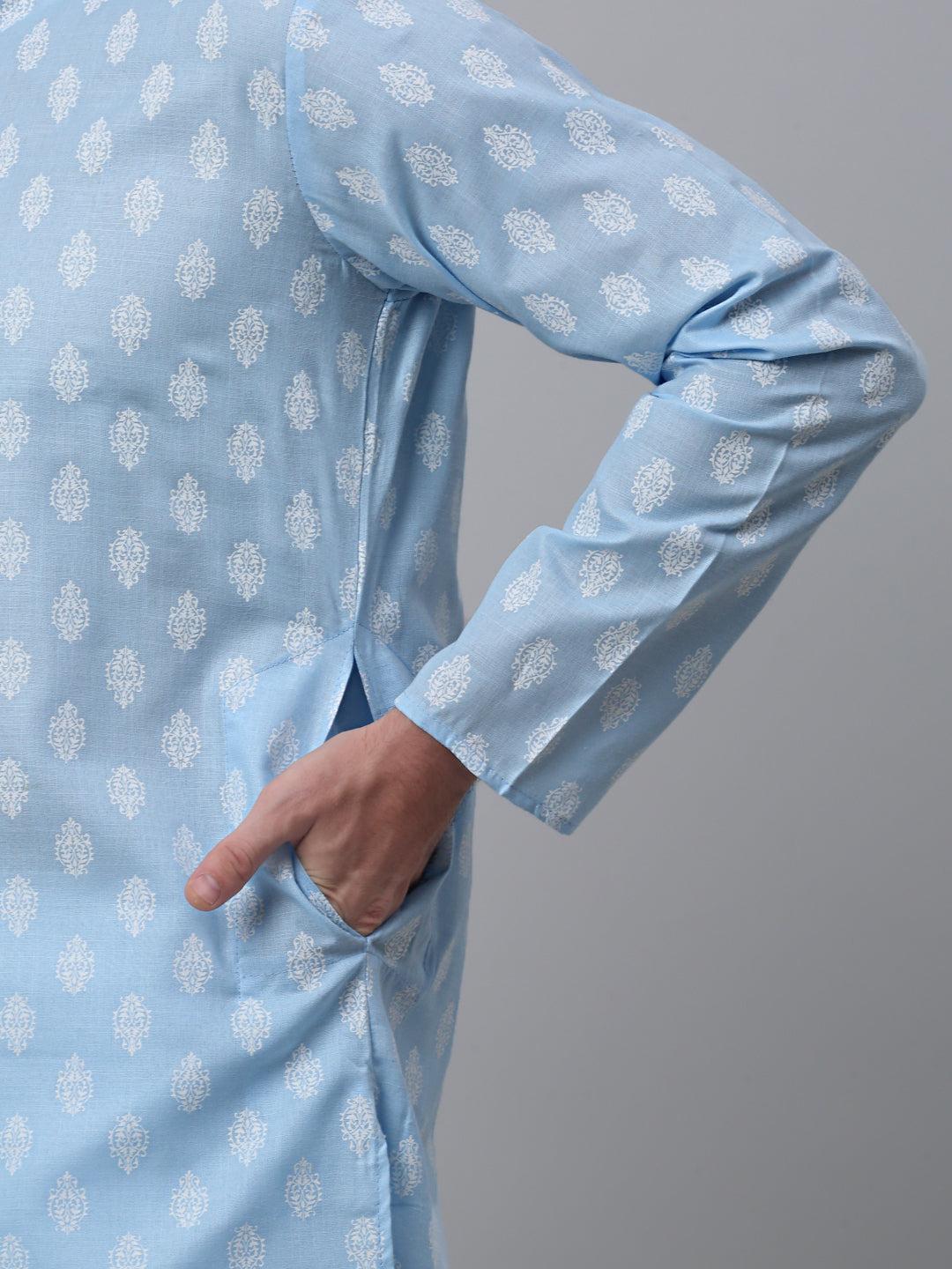 Jompers Men's Sky Cotton Floral printed kurta Pyjama Set ( JOKP 650Sky )