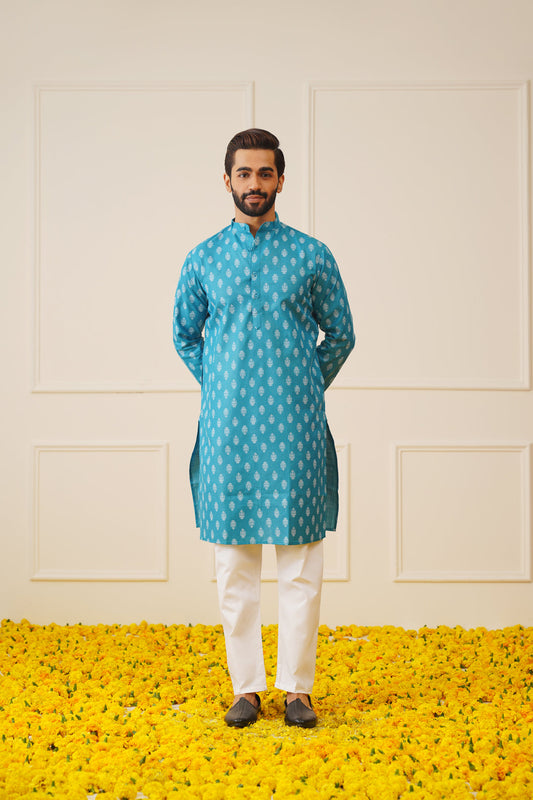 Jompers Men's Teal Cotton Floral printed kurta Pyjama Set ( JOKP 650Teal )