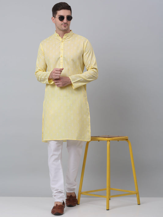 Jompers Men's Yellow Cotton Floral printed kurta Pyjama Set ( JOKP 650Yellow )