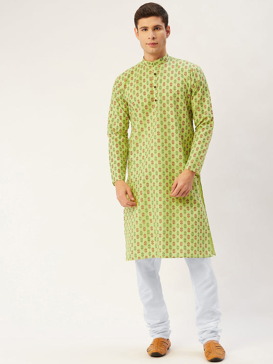Jompers Men's Green Cotton Ikat printed kurta Pyjama Set ( JOKP 651Green )