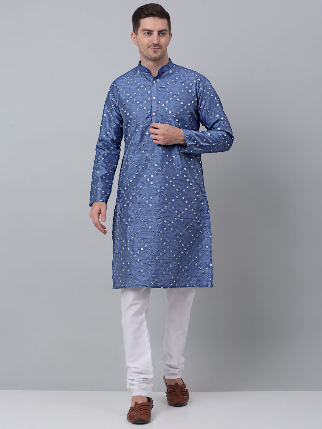 Grey Mirror Work Kurta Pyjama (JOKP 659 Grey )
