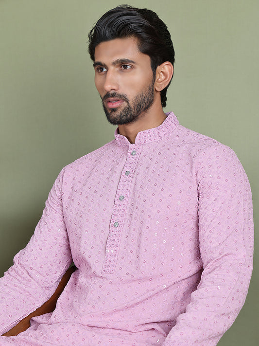 Embroidered & Sequins Cotton Kurta ( ANMKO 678Light-Purple )