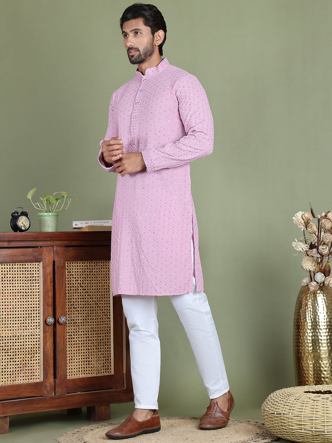 Embroidered & Sequins Cotton Kurta ( ANMKO 678Light-Purple )