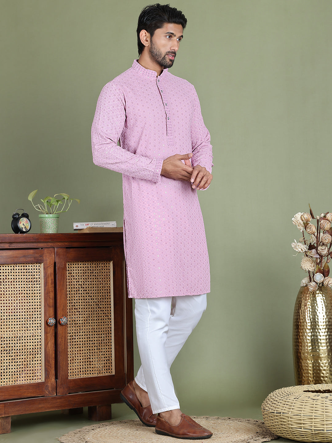 Embroidered & Sequins Cotton Kurta ( ANMKO 678Light-Purple )