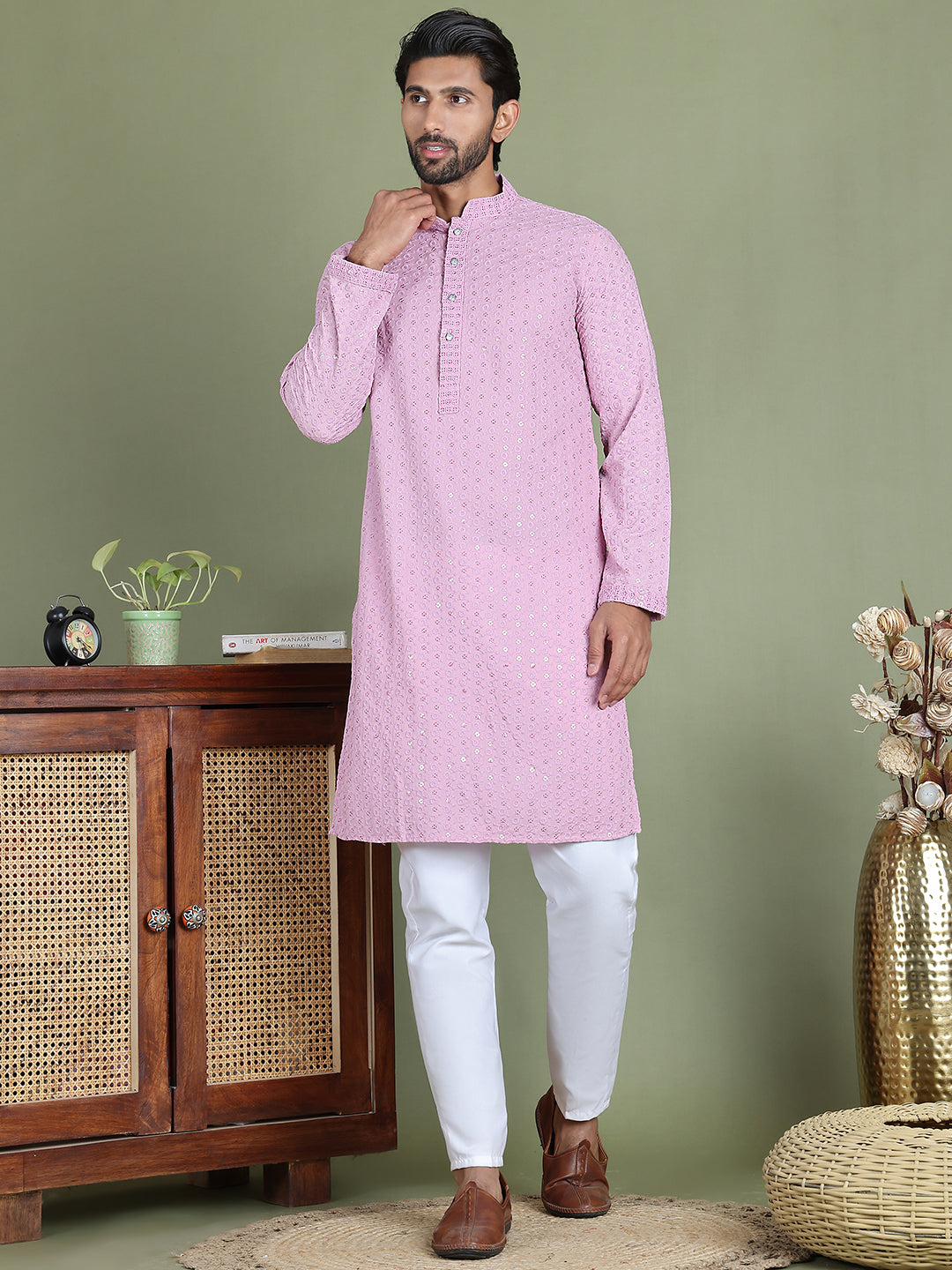 Embroidered & Sequins Cotton Kurta ( ANMKO 678Light-Purple )