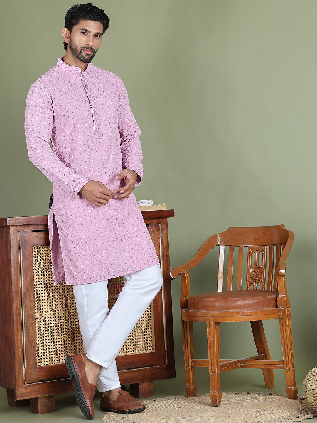 Embroidered & Sequins Cotton Kurta ( ANMKO 678Light-Purple )