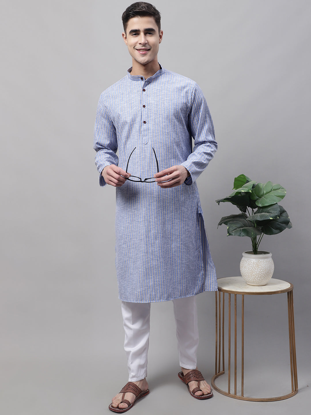 Men Blue and White Striped Kurta with Pyjama