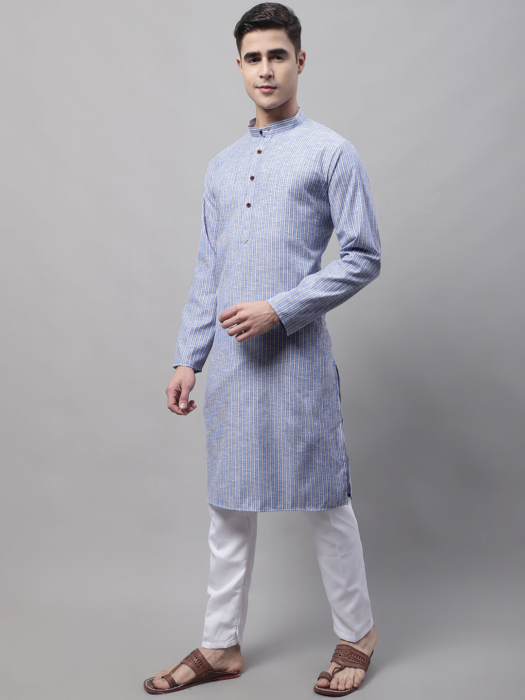 Men Blue and White Striped Kurta with Pyjama