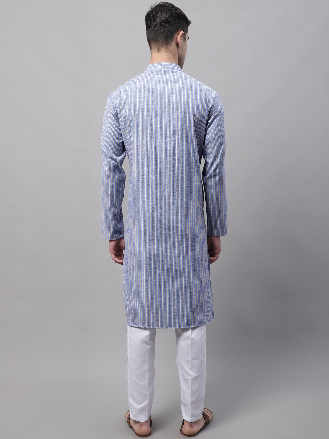 Men Blue and White Striped Kurta with Pyjama