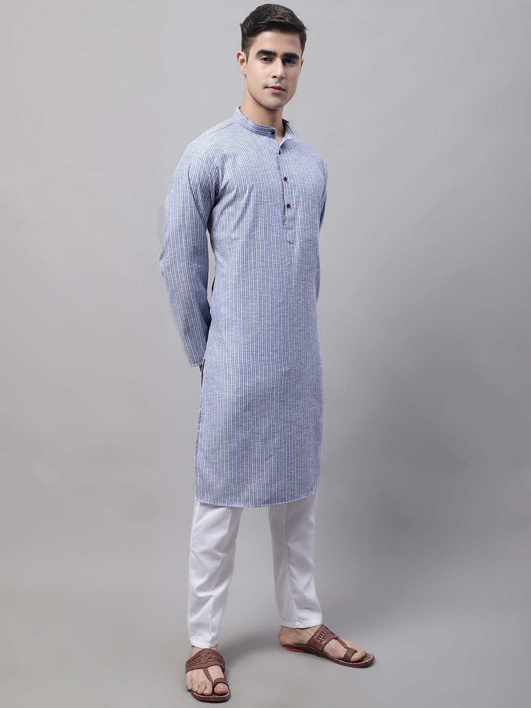 Men Blue and White Striped Kurta with Pyjama